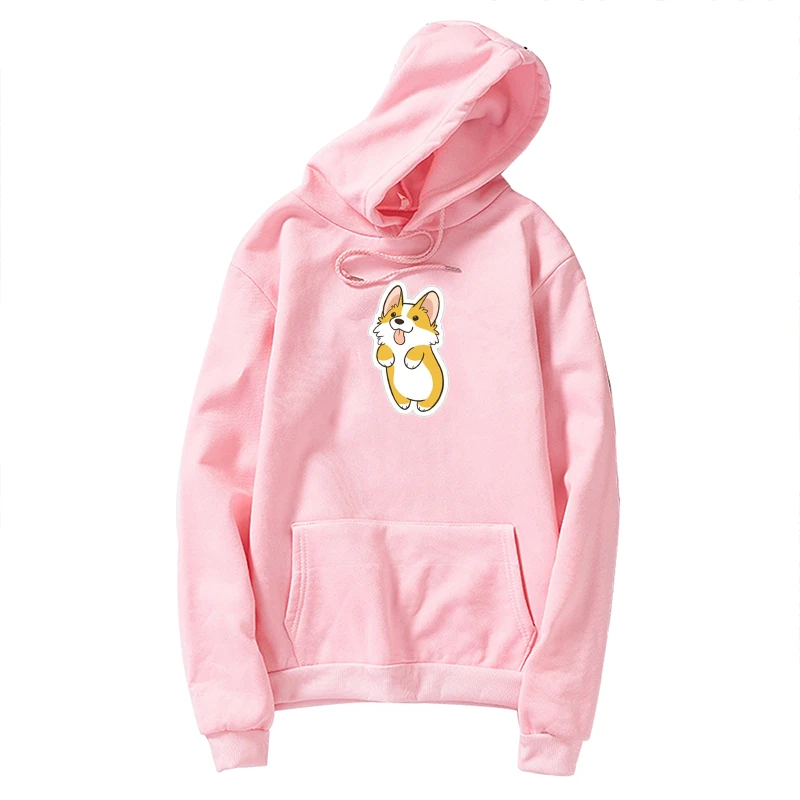 Розовый Собака корги печати толстовки Kawaii женские с длинным рукавом Твердые толстовки с капюшоном пуловер пальто пота повседневная спортивная одежда уличная - Цвет: Розовый