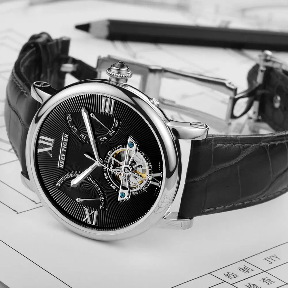Риф Тигр/RT Tourbillon дизайнерские часы Одежда высшего качества с датой дня и телячьей