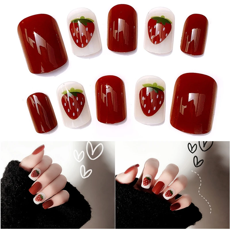 24pcs Fashion Acrylic Fake Nails Tips Decorated For Fashion Nail Art Accessories Strawberry Pattern Nail Art Accessor False Nails Aliexpress