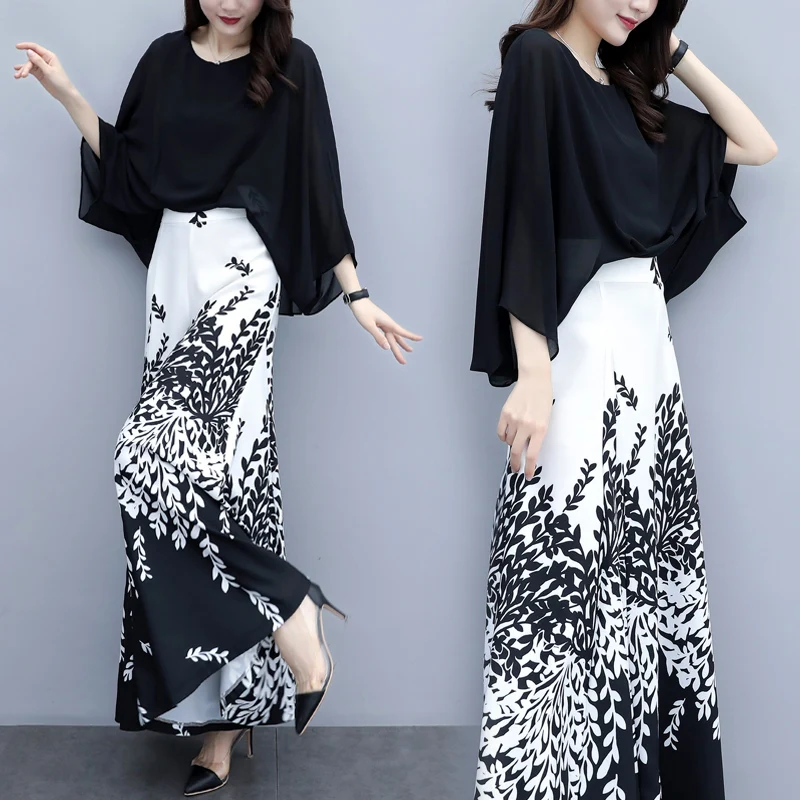 

2019 New Fashion Elegant Office Ladies Work Wear Dress Wide Leg Pant Suits 2 Piece Set Women Black Blouse Floral Skirt Pants