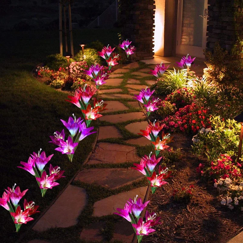 New Outdoor Solar Garden Stake Lights 3 Pack With 12 Lily Flowers,Solar Flower Lights,Multi-Color Changing Led Solar Decorative
