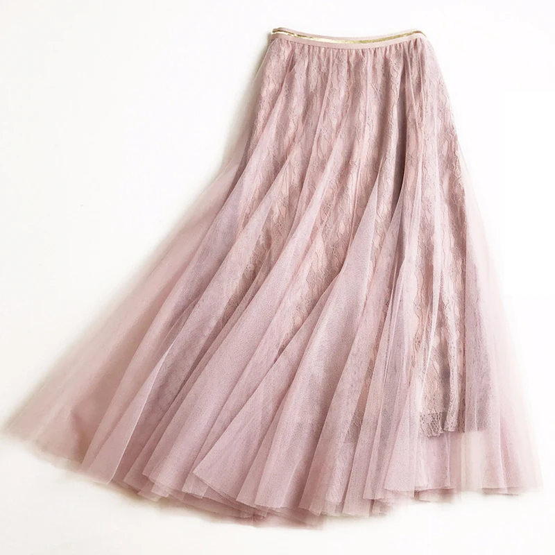 

Lace High Waist Long Skirts Faldas 2020 New Spring Summer Korean Flower Embroidered Tulle Skirt Big Swing Pleated Maxi Skirt