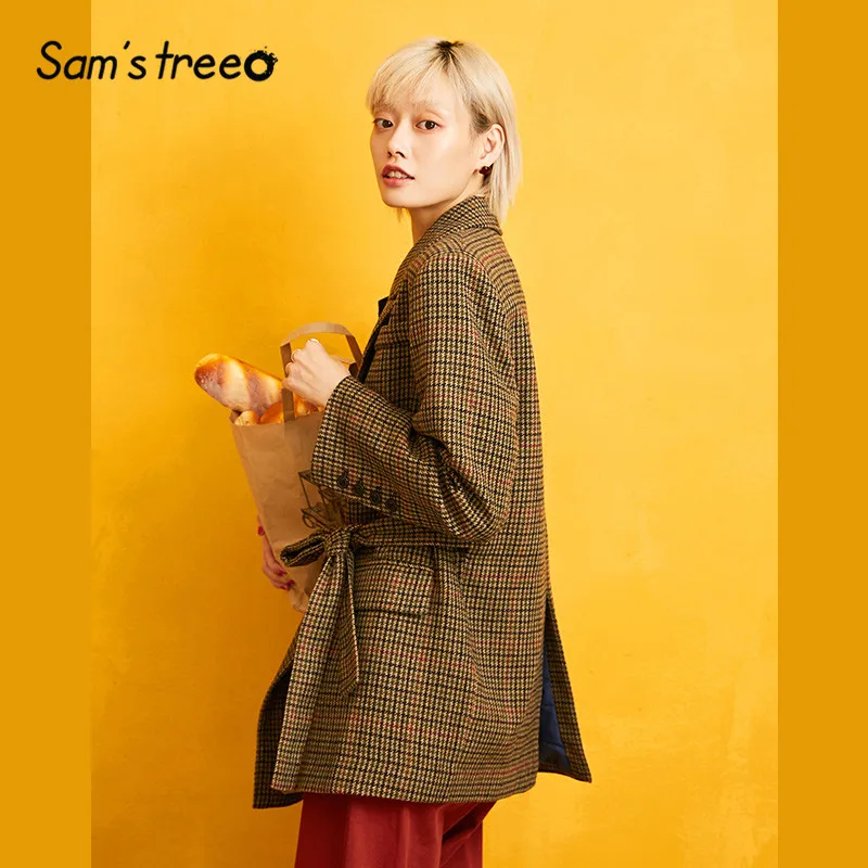 incredible  SAM'S TREE Plaid Button Front Brit Graphics Women Coat 2019 Autumn Long Sleeve Belt Casual Korean B