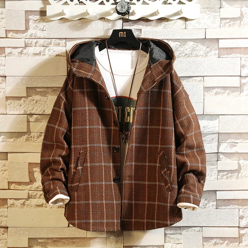Зимние куртки Мужская Толстая Клетчатая Мужская куртка-ветровка Осенняя японская негабаритная куртка Мужская Уличная - Цвет: Dark Brown