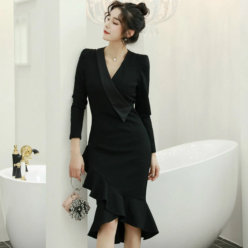 

Black OL Work Office Dress Women Long Sleeve Asymmetrical Blazer Dresses Women Solid 2019 Autumn Winter Dress Women Robe Femme