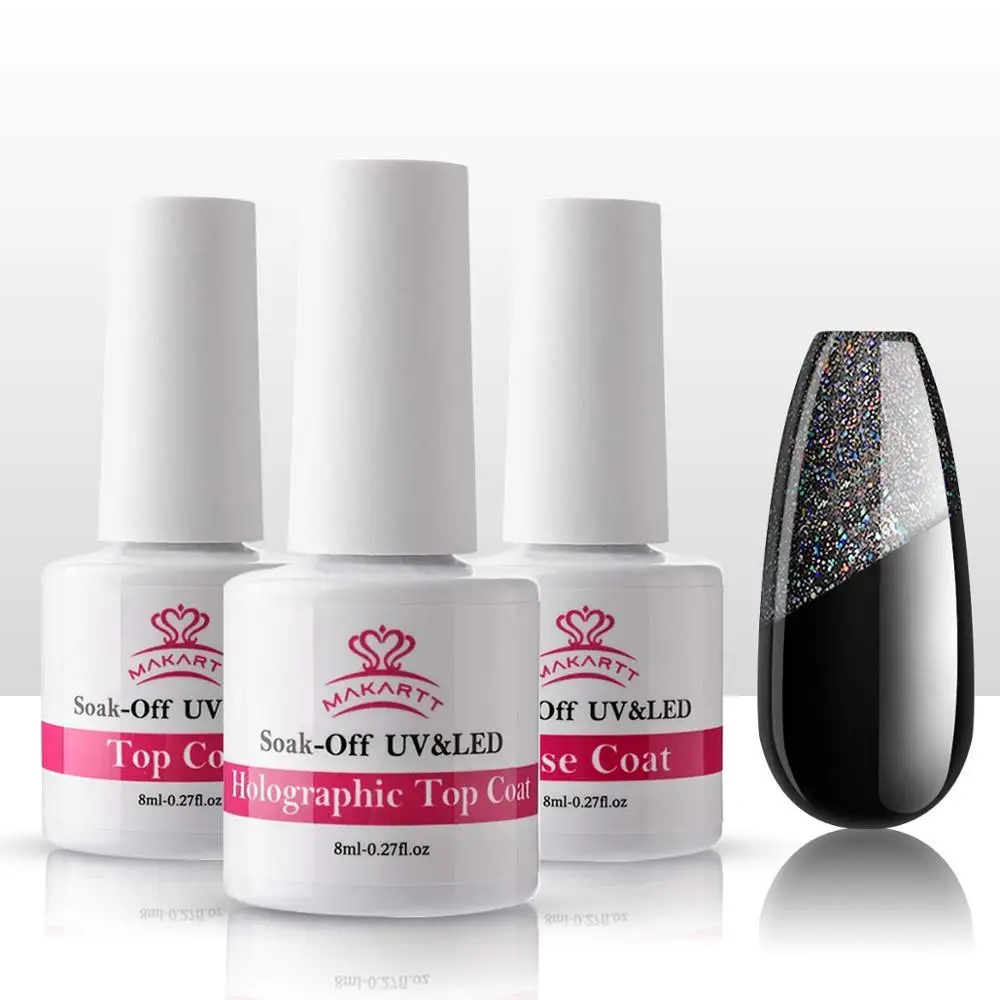 Makartt Holographic No Wipe Top Base Coat Set Soak Off UV LED Gel Nail Polish Glitter Mirror Top Base Coat Poly Nail Gel Shine