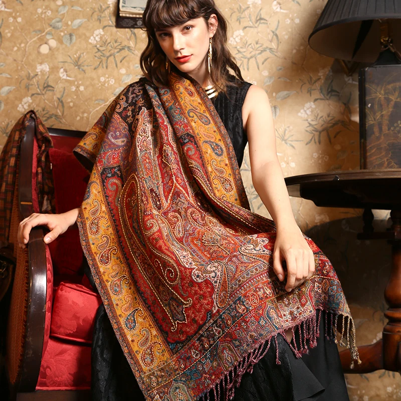 

Autumn Winter Handmade Pashmina Oversize Ultra Long Wrap Female Embroidery Beads Shawls Cashmere Blend Cachecol Feminino