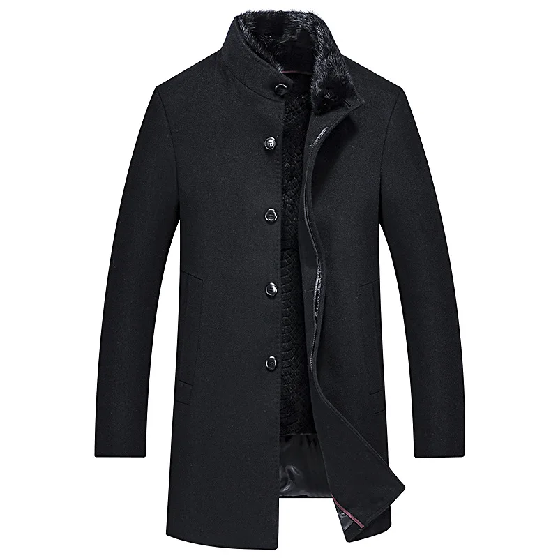 Зима толстый помпон из натурального меха воротник Manteau Homme Hiver Съемная шерстяная подкладка пуховая вата пальто для мужчин - Цвет: Черный