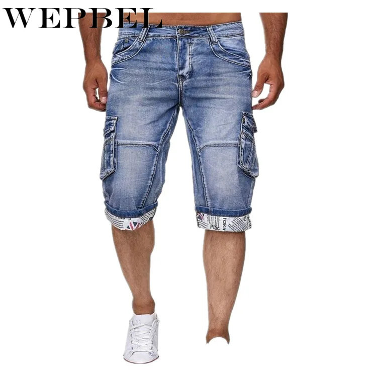 

WEPBEL Autumn Fashion Pocket Stitching Letter Printed Knee Length Jeans Men's Casual Mid-Waist Button Straight Jeans
