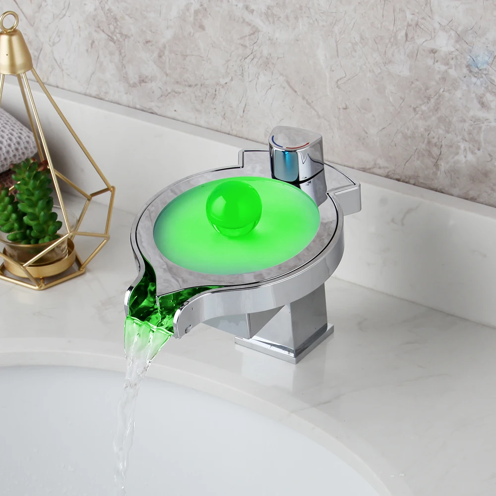KEMAIDI светодиодный кран для раковины, смеситель для воды, хромированный латунный светодиодный Водопад, кран для раковины, кран для ночной жемчужной ручки управления