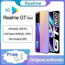 Original realme GT Neo 5G smart phone  6.43"120Hz Super AMOLED MTK Deminsty 1200 50W 4500mAh Fast Charge 64MP Camera NFC Google