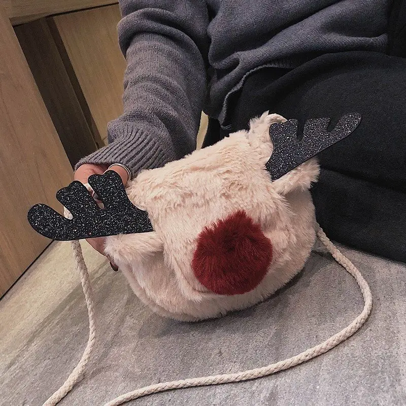 Winter Plush Bag Ins Mini Shoulder Bag New Cute Furry Reindeer Small Square Bag Christmas Wild Single Shoulder Messenger Bag