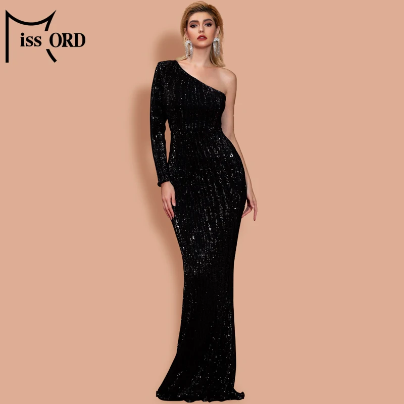 Missord женское платье с неровным вырезом и открытыми плечами с одним рукавом женское элегантное облегающее Макси платье с блестками FT20224 - Цвет: Черный