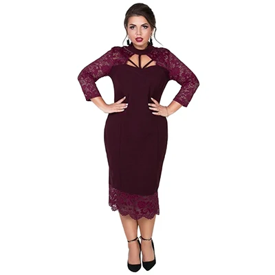 Wine red Винтажное Открытое сексуальное кружевное платье для женщин из кусков размера плюс, облегающее платье, Женские однотонные весенне-летние вечерние платья 6XL Vestidos - Цвет: Wine red