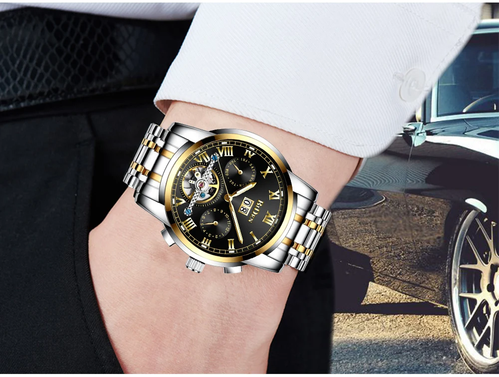 Мужские автоматические механические часы с турбийоном, роскошные модные спортивные часы из нержавеющей стали, мужские часы, мужские часы