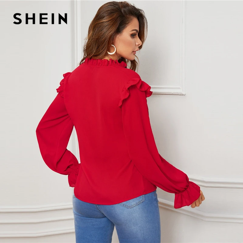 SHEIN Red Ruffle Trim Buttoned Front V Neck Blouse Top Women Spring Autumn Sheer Blouses Flounce Long Sleeve Solid Elegant Tops