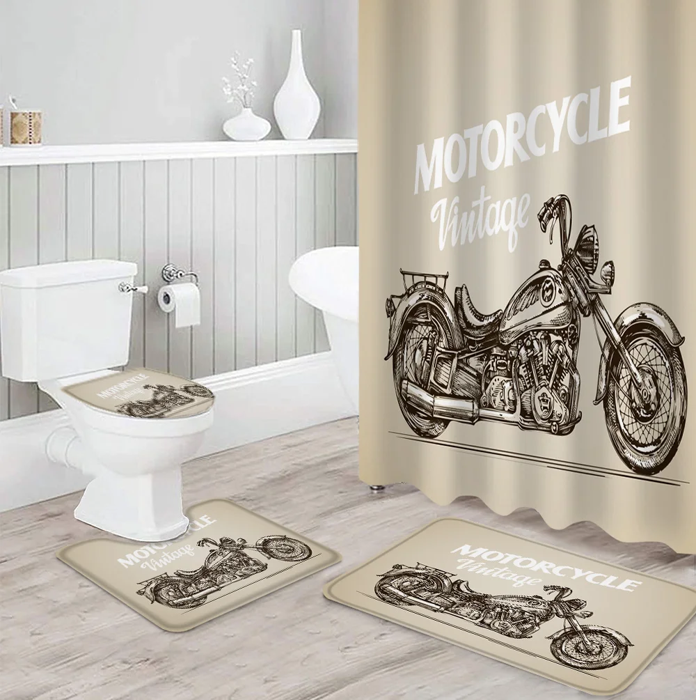 Old Motorcycle Shower Curtain Bath Mat Toilet Cover Rug Bathroom Decor Set 