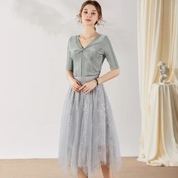 

Skirt Set Woman Spring Summer 2020 New V Neck Half sleeve Elastic Knitted Top + Fashion Elastic Waist Mesh Skirt 2 Piece Set