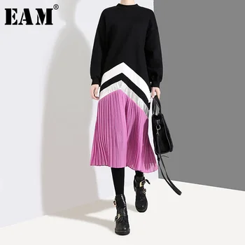 

[EAM] Women Black Striped Split Pleated Big Size Dress New Stand Collar Long Sleeve Loose Fit Fashion Spring Autumn 2020 1T433