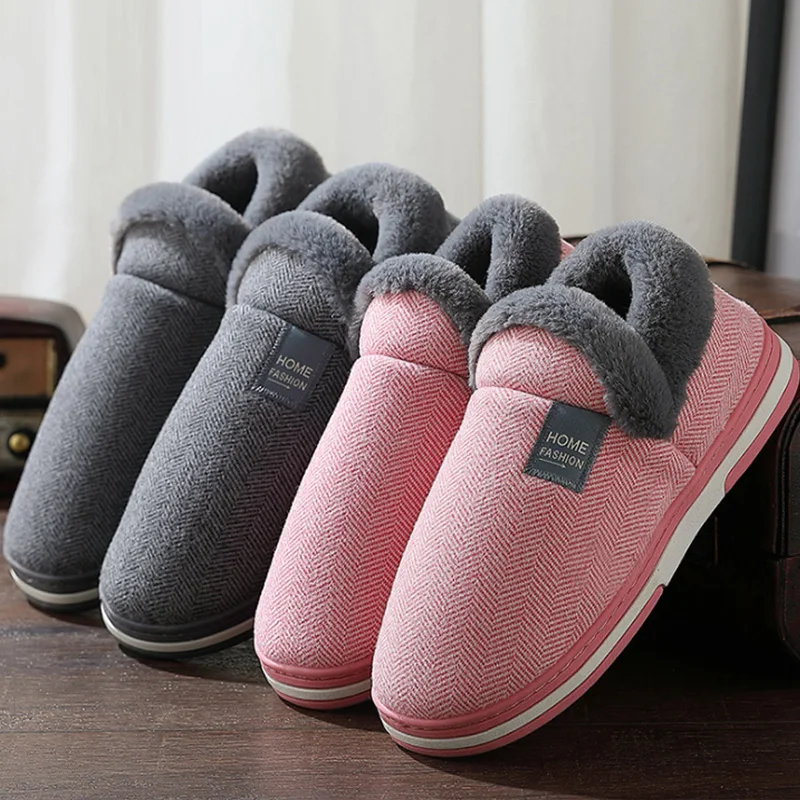 Zapatillas de algodón antideslizantes para hombre y mujer, zapatos de algodón de suela gruesa resistentes al desgaste, pantuflas de lana cálidas para el hogar