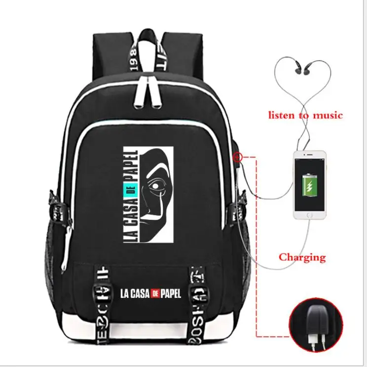 Бумажный вместительный рюкзак для студентов, USB зарядка, Mochilas La Casa De Papel, дорожная школьная сумка, повседневный рюкзак для ноутбука - Цвет: as pictures