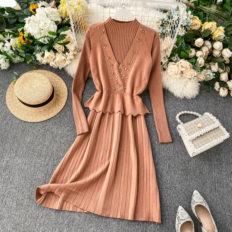 ALPHALMODA осенний женский элегантный костюм из 2 предметов жилет с бисером+ плиссированное платье с высоким воротником зимний комплект из 2 предметов