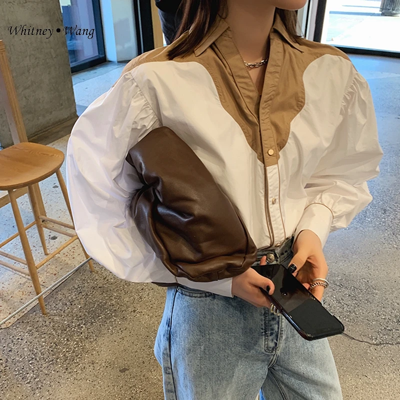 WHITNEY WANG Blouses 2020 Spring Fashion Streetwear Colors Contrast Patchwork Blouse Women Blusas Office Lady Shirt Top | Женская одежда