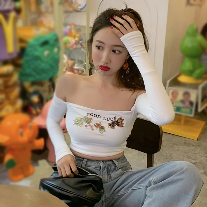 

Women's Basic Tee Sexy Off Shoulder GOOD LUCKPrint Slash Neck T-Shirt Long Sleeve Koi Fish Embroidery Top Tee Casual Clubwear