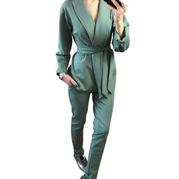 

stylish Office Lady Sets pant suits shawl collar belted blazer jacket and pant two piece set OL Streetwear