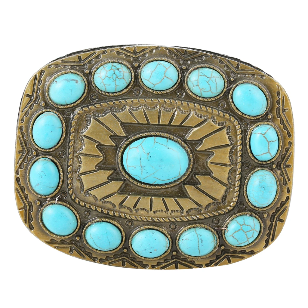 Vintage Cowboy Turquoise Bead Belt Buckle Women Blue Classic Boho Bronze Tone Buckles Point Square Buckle For 1.4-1.5inch belt