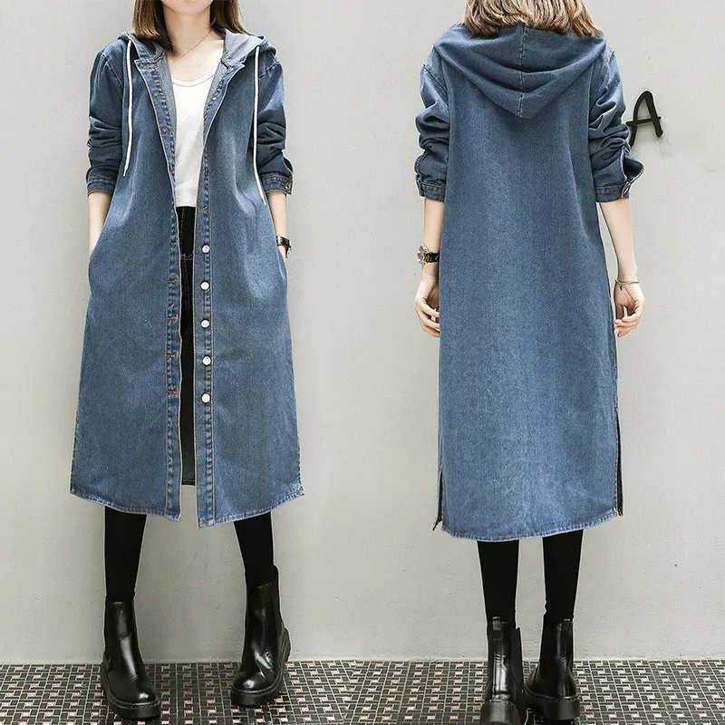 Women's Medium Length Oversized Denim Jacket Loose Long Sleeve Hooded