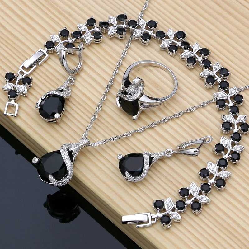 Необычный дизайн 925 серебряная бижутерия наборы черный CZ для женщин серьги Мода ожерелье наборы турецкие ювелирные изделия