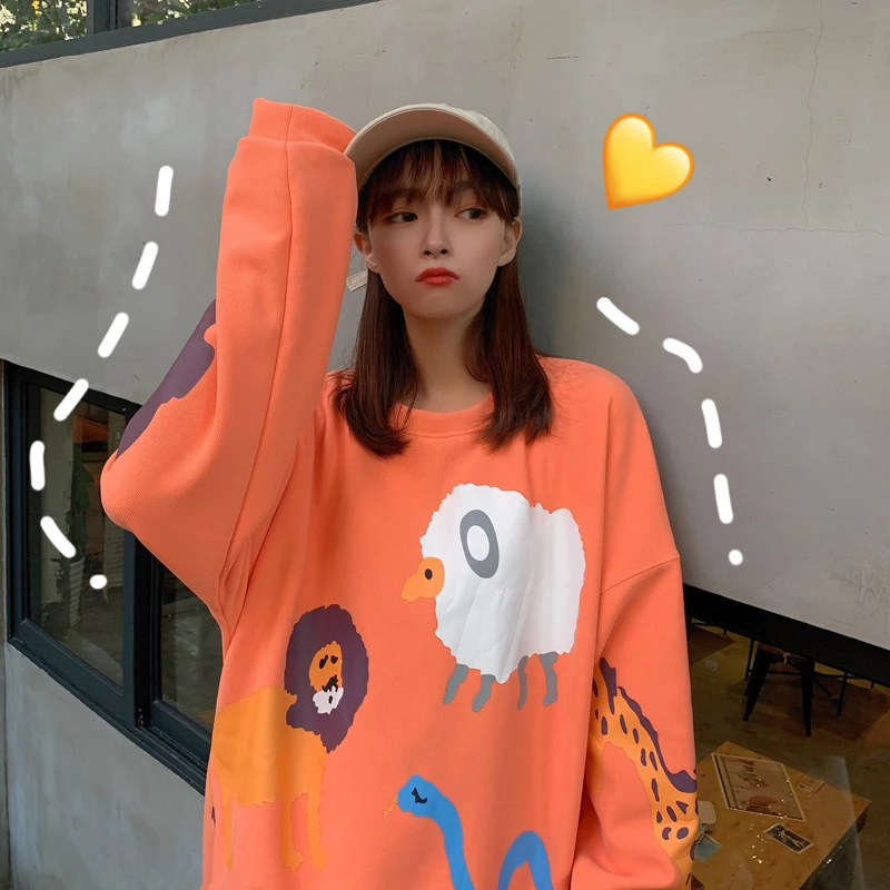 Milinsus Girls Student Lovely Cartoon Animal Printed Sweatshirts O-Neck Long Sleeve Kawaii Winter Tops Sudaderas Para Mujer
