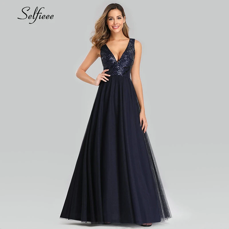 

New Fashion Summer Sequined Double V-neck Women Dress Ladies Elegant A-Line Sleeveless Formal Party Dress 2019 Robe Longue Femme