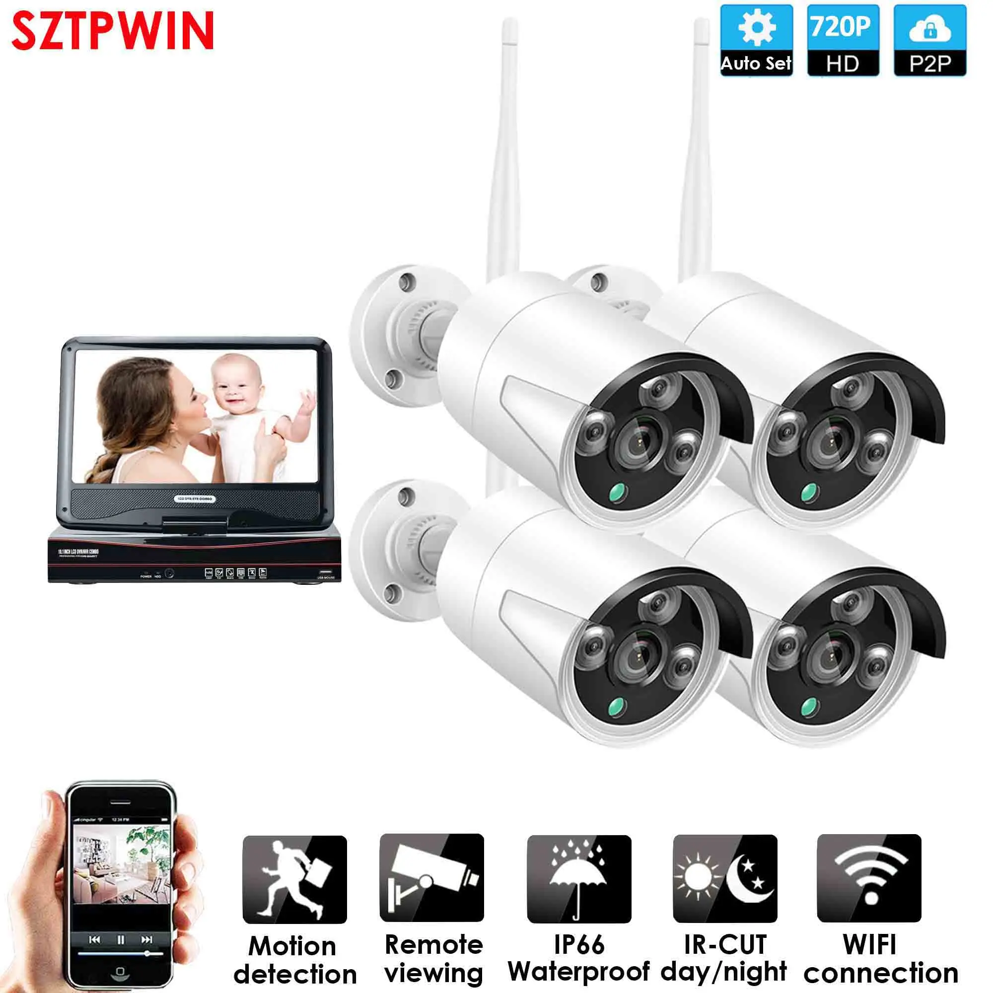 4ch LCD 720P white 8 chбеспроводная система видеонаблюдения сеть 10," ЖК-монитор сетевой видеорегистратор wi-fi-комплект 4CH/6CH/8CH 720P HD видео входы камера безопасности - Цвет: 4ch LCD 720P white