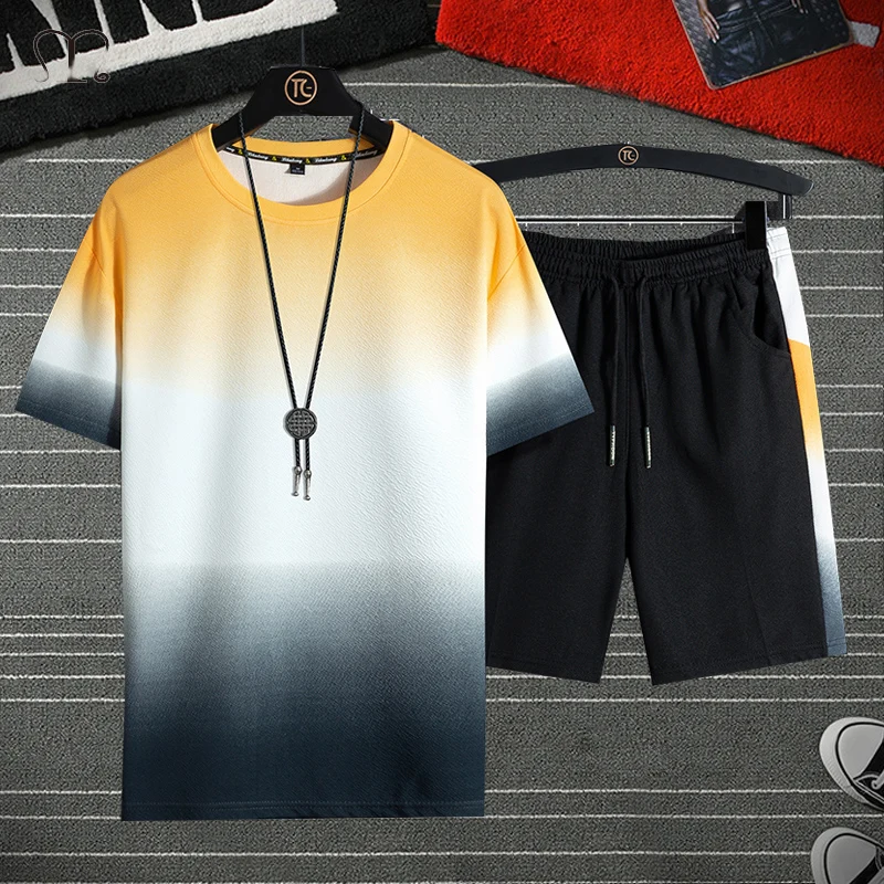 Conjunto de camiseta y pantalones cortos de Hip Hop para hombre, chándal informal de talla grande, traje de pista de dos piezas, moda urbana