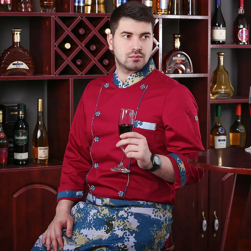 Куртка шеф-повара для взрослых, одежда для кухни, короткие/длинные камуфляжные рукава, униформа для ресторана, суши, обслуживание еды, рабочая одежда - Цвет: Red long top