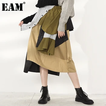 

[EAM] High Elastic Waist Khaki Striped Irregular Temperament Half-body Skirt Women Fashion Tide New Spring Autumn 2020 1A88804