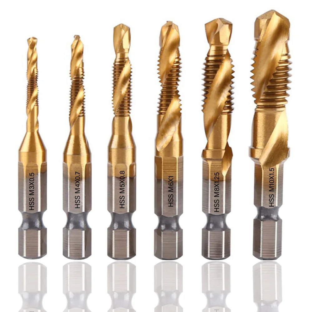 1/6pcs Titanium Plated Hex Shank HSS Screw Thread Metric Tap Drill Bits Machine Compound M3 M4 M5 M6 M8 M10 Hand Tools | Инструменты