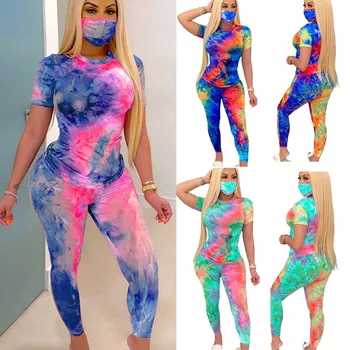 

JAYCOSIN Women Tie-Dye Sports Trousers Suit With Mask 2020 Hot O-Neck Short Sleeve T Shirts Pants Sets Casual Holiday Wear