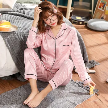 

Spring Summer Pajamas Women's Viscose Model Silk Tracksuit Long Sleeve Thin Loose-Fit Plus-sized Two-Piece Set
