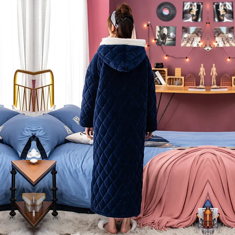 New Women Soft Flannel Navy Bathrobe Winter Cotton with Velvet Home Robea Female Hooded Extra Long Thick Warm Dressing Gown