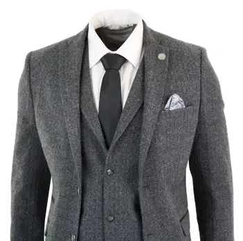 

Mens Charcoal Grey 3 Piece Tweed Herringbone Suit Wool Tweed Vintage Business Jacket Vest Pants Custom Wedding Tuxedos