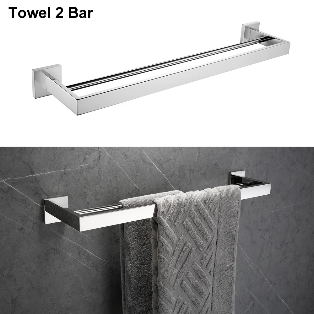 Double Towel Bar SUS 304 набор из нержавеющей стали для ванной комнаты, хромированный полированный держатель для зубных щеток, держатель для бумаги, держатель для полотенец, крючок, аксессуары для ванной комнаты - Цвет: Double Towel Bar