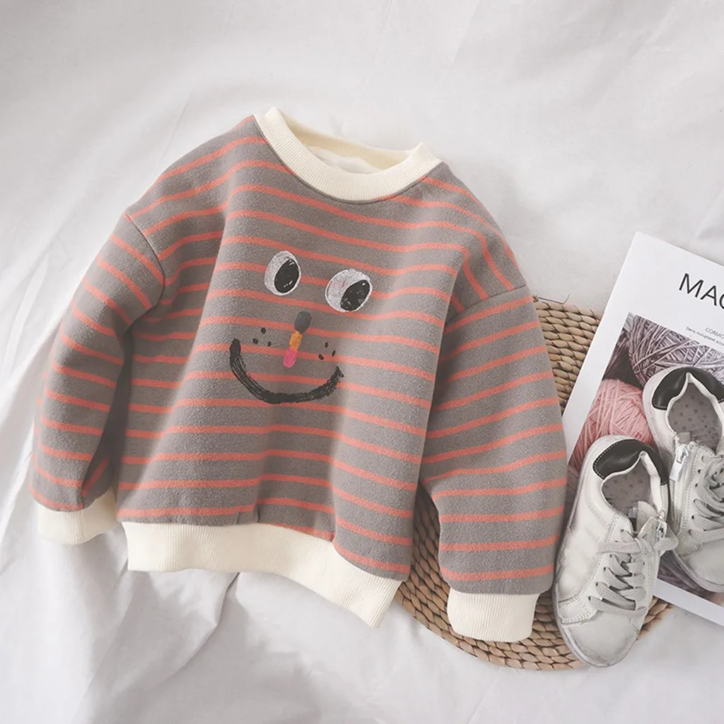 Baby Girls Sweatshirts Long Sleeves Thick T Shirt Toddler Kids Boys Girls Cartoon Stripes Print Windproof Clothes Knitted Top
