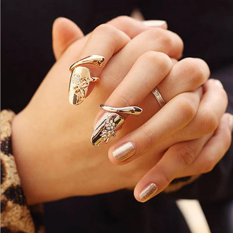 Fashion Punk Finger Nails Ring Summer Style Gold Silver Plated With Rhinestone Dragonfly Women Fine Jewelry V9-Drop