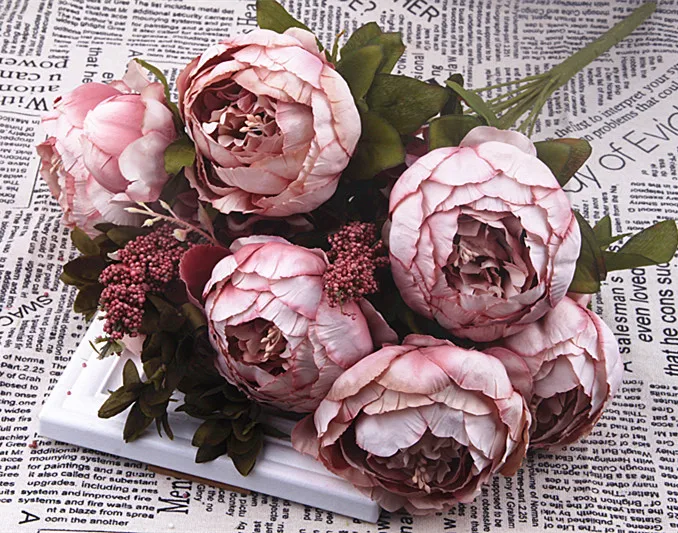 1 Bunch European Rose or Peony Artificial Flowers Party Silk fake Flowers Peonies For Wedding Decoration Home Hotel Decor Wreath - Цвет: peony light pink