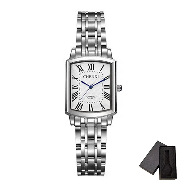 Women White Box CHENXI, квадратные женские часы, римская цифра, серебро, нержавеющая сталь, кварцевые часы для мужчин, для влюбленных, женские часы, ретро стиль, повседневная пара - Цвет: Women White Box