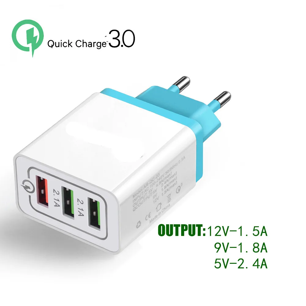 

3 Ports Portable Travel USB Wall Charger Quick Charge QC 3.0 2.0 Fast Charger Wall Adapter For Samsung Xiaomi iPhone iPad Cable