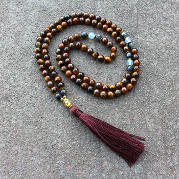 

National Style Necklace Natural Stone Tiger Stone Beads Handmade Beaded Buddha Head Long Tassel Sweater Chain Ornament Wholesale